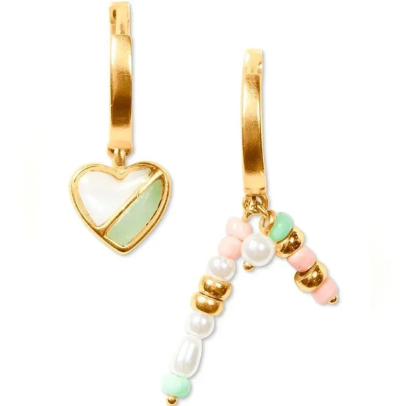 Lucky Brand Gold-Tone Stone Inlay Heart & Beaded Charm Huggie Hoop Earri… - Picture 1 of 1